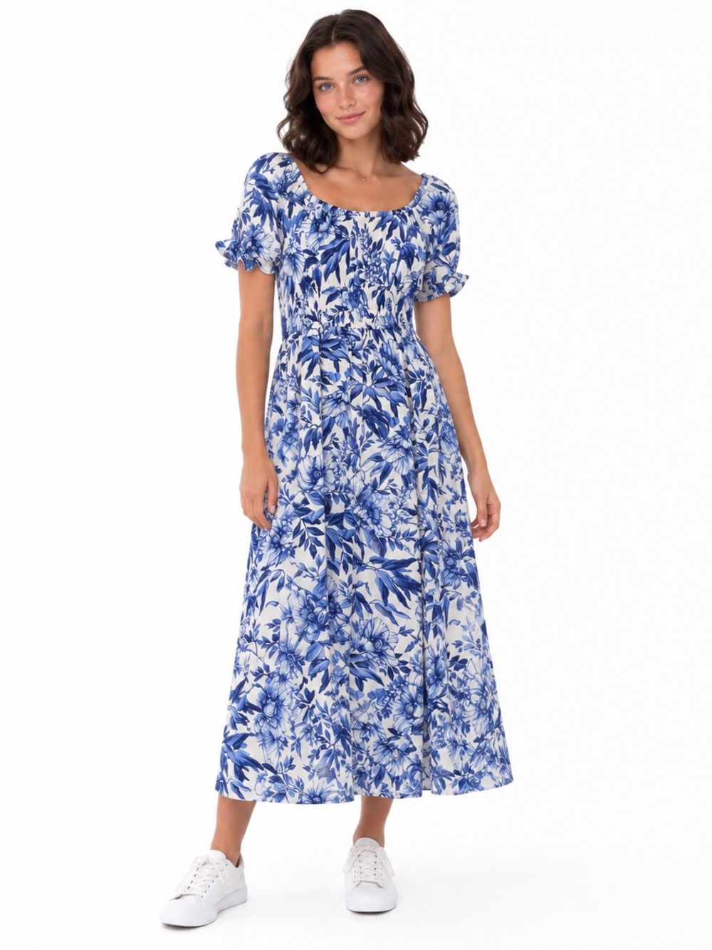 H&M Blue Floral Puff Sleeve Smocked Midi Maxi Dress Large Milkmaid Cottagecore
